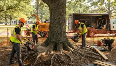 Tree service crew protecting roots in Saugus, MA for healthy trees and stable landscaping