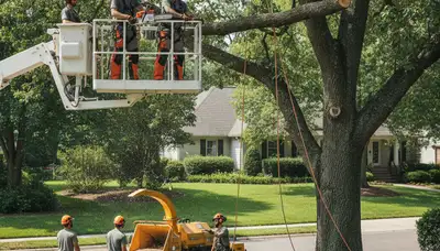 Saugus, MA tree removal crew safely removing a hazardous storm-damaged tree