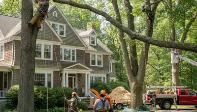 Tree service crew in Saugus, MA handling safe tree removal for a local property