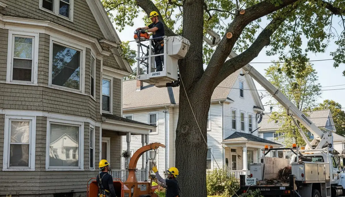 Tree service crew in Saugus, MA removing a tree for a local property owner