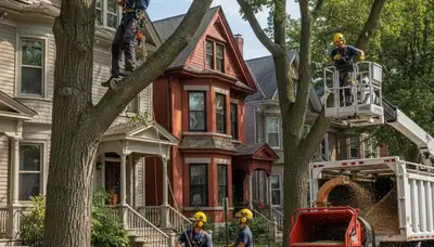 Tree service crew removing a tree in Saugus, MA for safe residential property maintenance