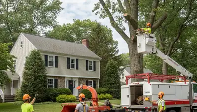 Tree service crew serving Saugus, MA with professional tree removal and trimming equipment