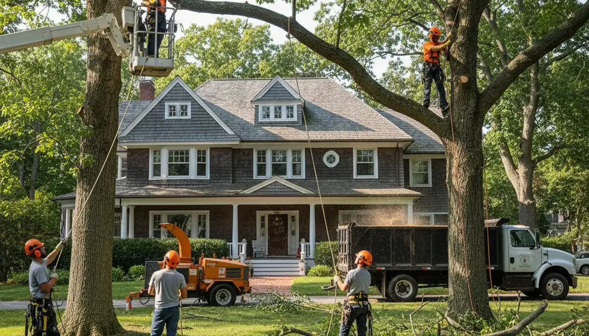 Tree service crew removing a tree in Saugus, MA for safe residential property maintenance