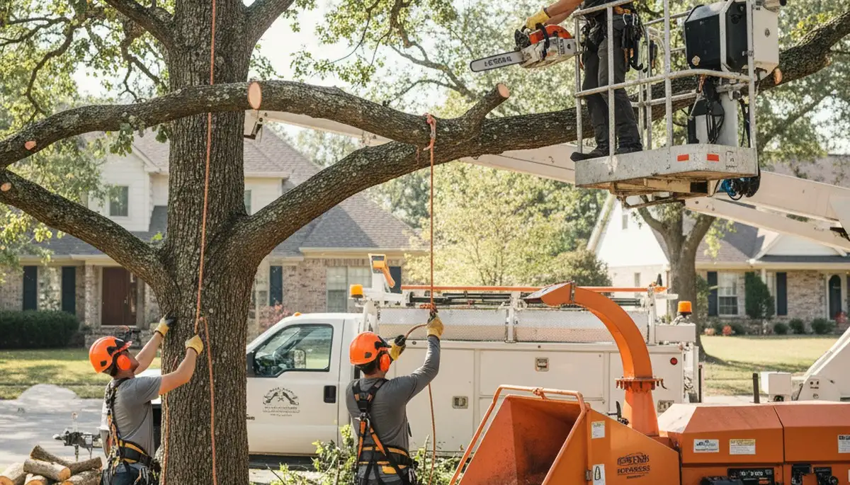 Tree service crew trimming trees in Saugus, MA for safer, healthier property care